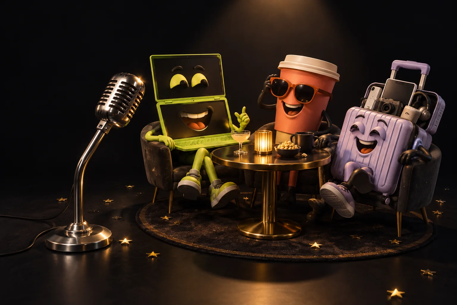 Surreal miniature comedy club: a microphone hosts a laptop, a coffee cup and a gadget-filled suitcase.